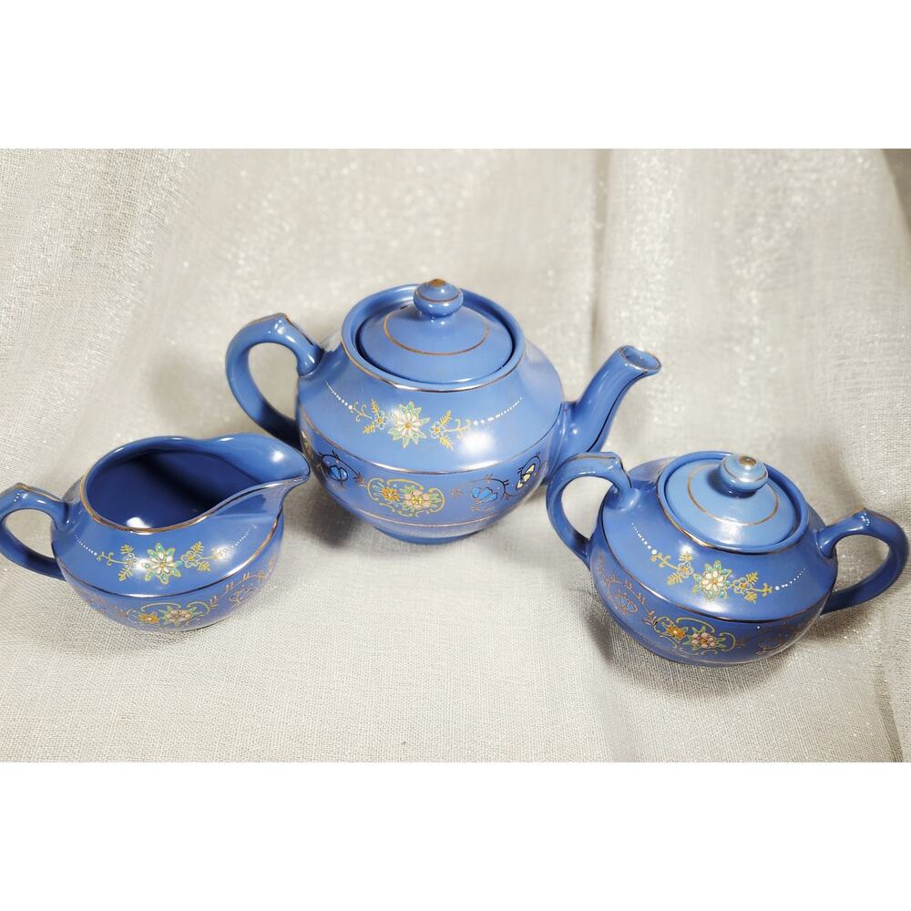 Vintage 3-piece Tea Set Moriage Stoneware Blue‎ Made in Japan 1950's